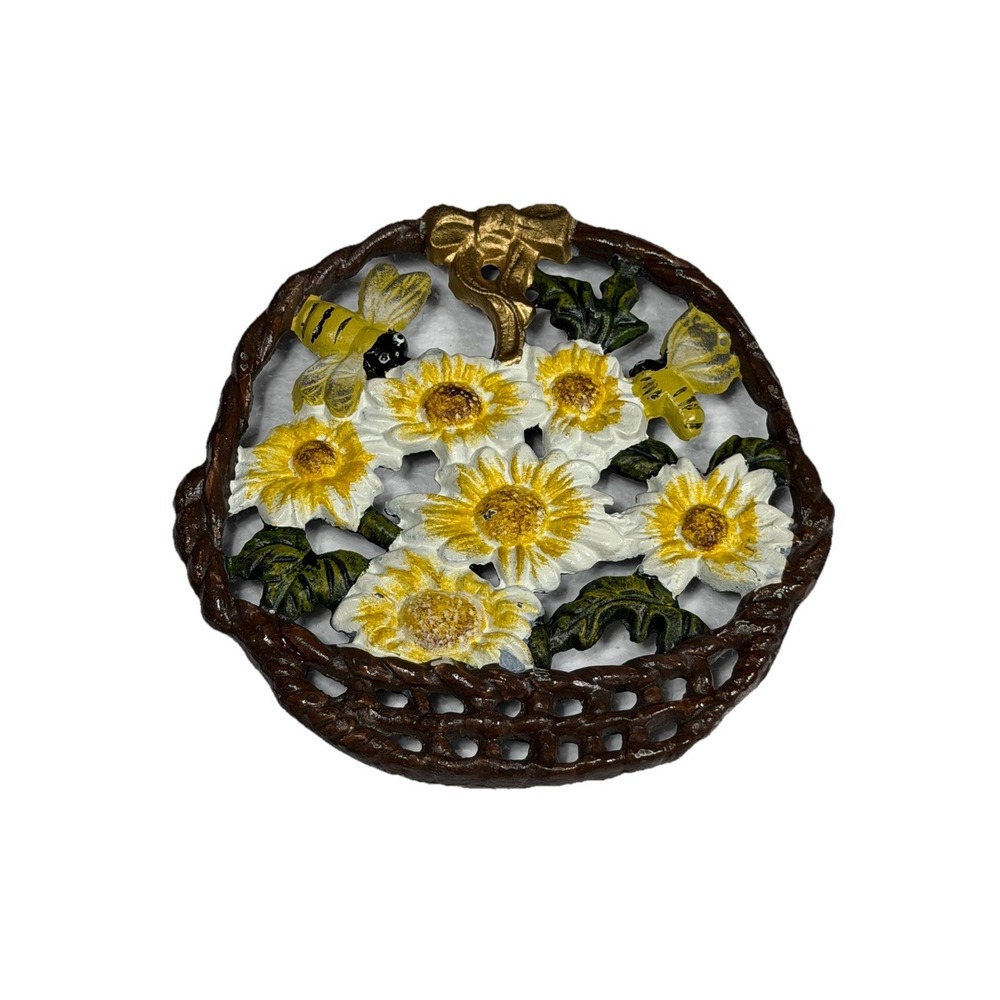 VTG 1950s Cast Iron Sunflowers Honey Bees In Basket Trivets Shabby Chic Castiron
